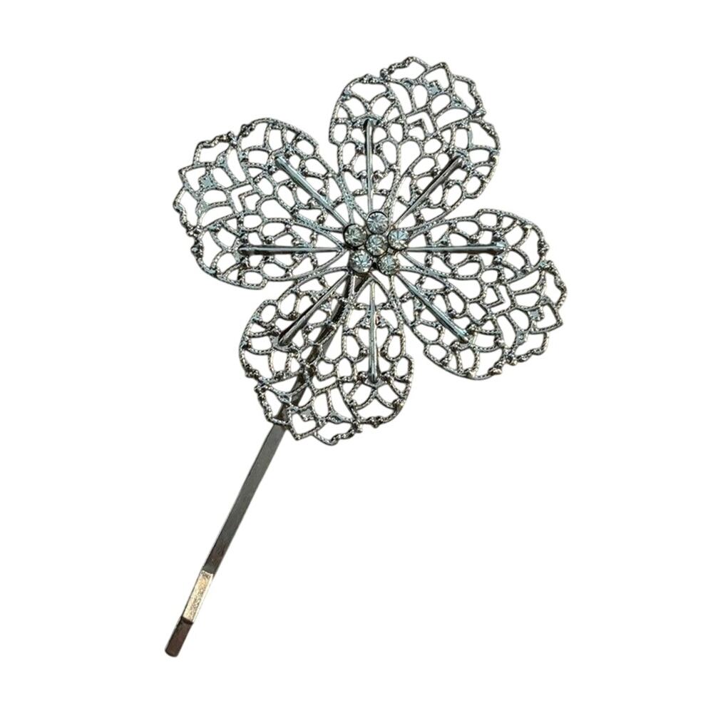 🌻2/$20 Silver Toned Metal Hair Clip Filigree Floral Rhinestone Bride Wedding